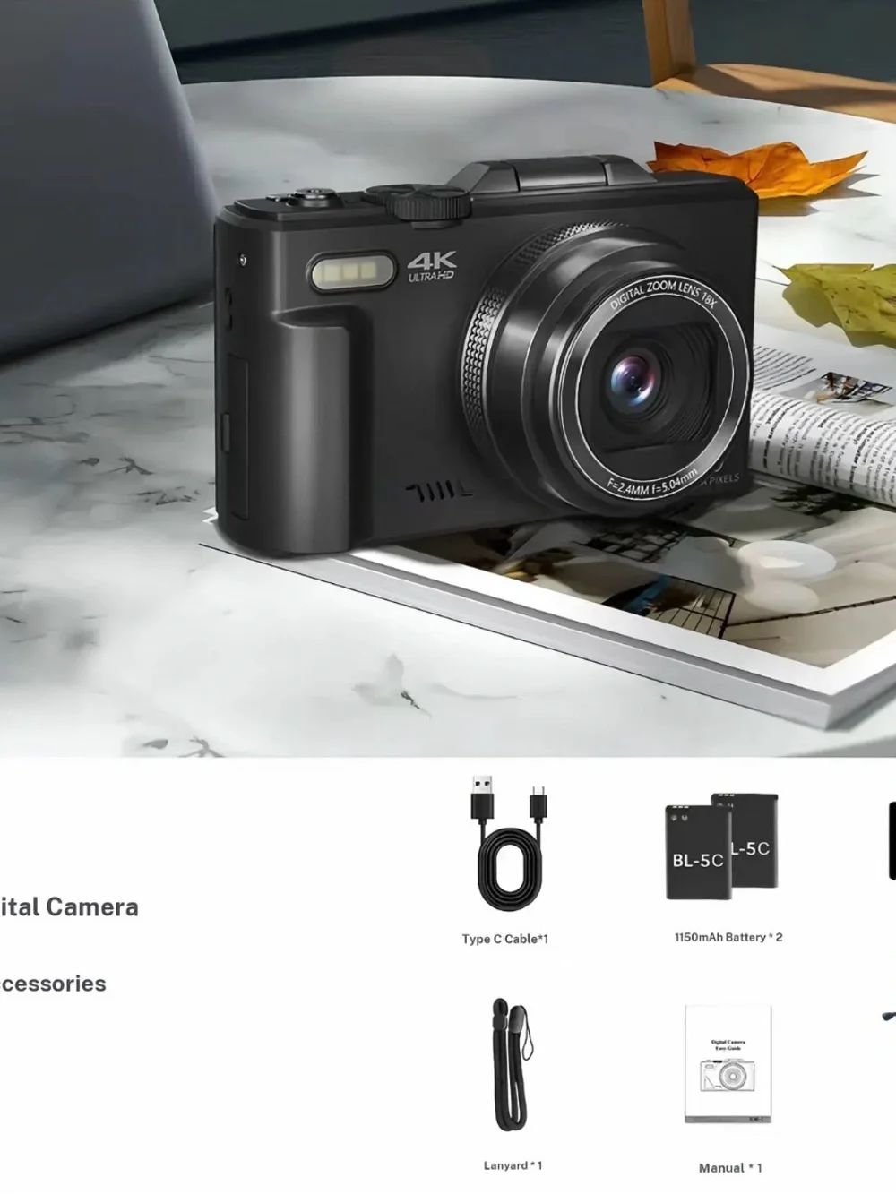 Black 4K Digital Camera with Flip LCD Screen
